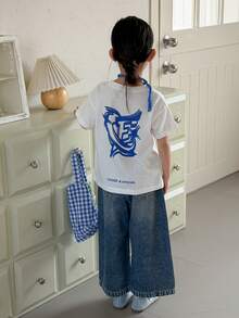 DAZY 女童（小号）休闲水钻装饰宽松牛仔裤 - 深色水洗藍 - 查看 4