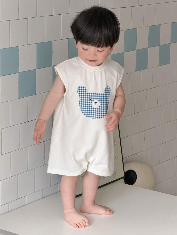 Infant/Toddler Boys' Cartoon Plaid Bear Applique Sleeveless Comfortable Romper