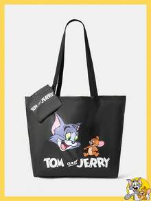 TOM & JERRY X SHEIN Fashionable Large Capacity Rainbow Cat Pattern Tote Bag - Black - View 1