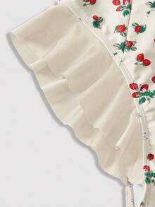 SHEIN MOD 荷叶边拼布前系带草莓印花撞色连体泳衣 - 米色 - 查看 4