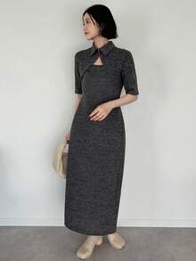 FRIFUL Women's Polo Collar Bodycon Tie-Dye Textured Fabric Dress, Summer - Grey - View 3