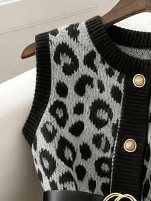 GlowEve Chic Leopard Print Crew Neck Women Knitted Vest Cardigan - Multicolor - View 5