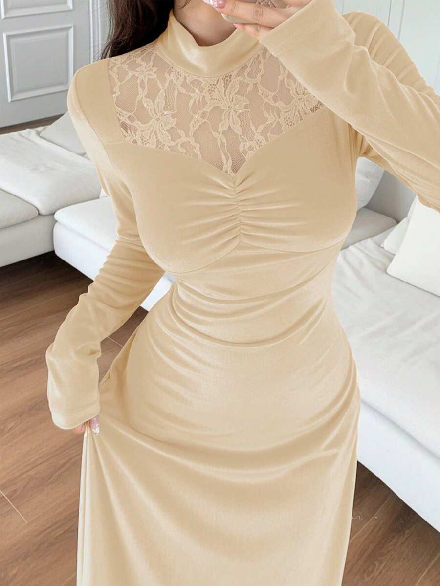 Feyla 女士撞色蕾丝立领长袖褶皱优雅连衣裙长款晚礼服 - 杏色 - 查看 1