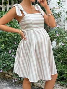 SHEIN Maternity Clothes Maternity Dress Maternity Summer Casual Everyday Striped Tie Shoulder Dress Vacation