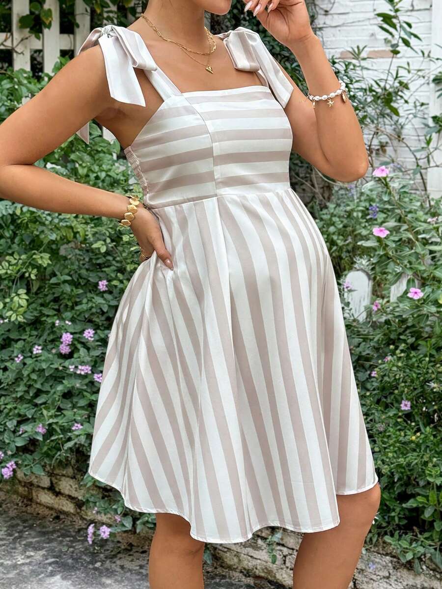 SHEIN Maternity Clothes Maternity Dress Maternity Summer Casual Everyday Striped Tie Shoulder Dress Vacation