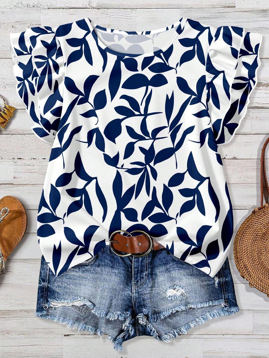 EMERY ROSE Áo sơ mi nữ tay ngắn kiểu dáng tối giản, in họa tiết lá xanh dương, tay bồng đôi, thích hợp cho mùa xuân/hè, đi nghỉ mát, đa năng. - Nhiều màu - Xem 1