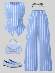 Teen GirlStriped Tank Top With Button Decor & Striped Casual Pants Set - Blue - View 6