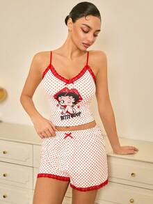 Betty Boop x SHEIN Women's Summer Lace Polka Dot Camisole Top And Shorts Pajama Set Sleep Wear Women 2 Piece Set Pajama Sets Women Womens Pajama Shorts Set - Apricot - View 8
