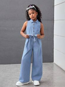少女春夏假期蝴蝶结扭腰设计休闲宽松牛仔连体裤，立领，适合女孩夏季海滩波西米亚风度假，夏季音乐会、节日、锐舞派对等场合，也适合女孩夏季早午餐、教堂、毕业典礼等场合，以及街头风返校季穿着。 - 淺色水洗藍 - 查看 5