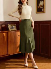 Vintamour 复古经典优雅女士半身裙，秋冬款，修身腰带，鱼尾铅笔裙，咖啡色长裙 - 軍綠色 - 查看 7