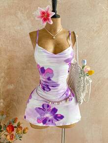 Soleia Đầm Cami Cổ Xếp Ly Màu Nước Hoa Đỏ Kỳ Nghỉ Hè Giải Trí Ngày Lễ - Nhiều màu - Xem 3