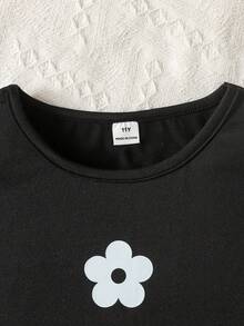 Tween Girl Floral Print Round Neck Tank Top And Mini Skirt Casual Set - Black - View 6