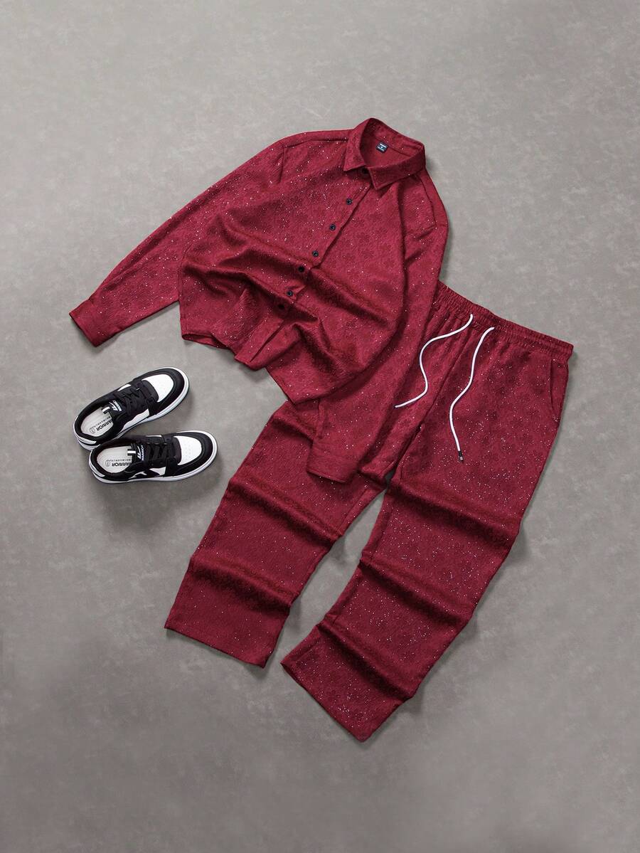 Manfinity EMRG Men's Casual Vacation Style Fashion Jacquard Rhinestone Embellished Long Sleeve Shirt And Drawstring Waist Long Pants Set, Spring/Autumn - Red - View 1