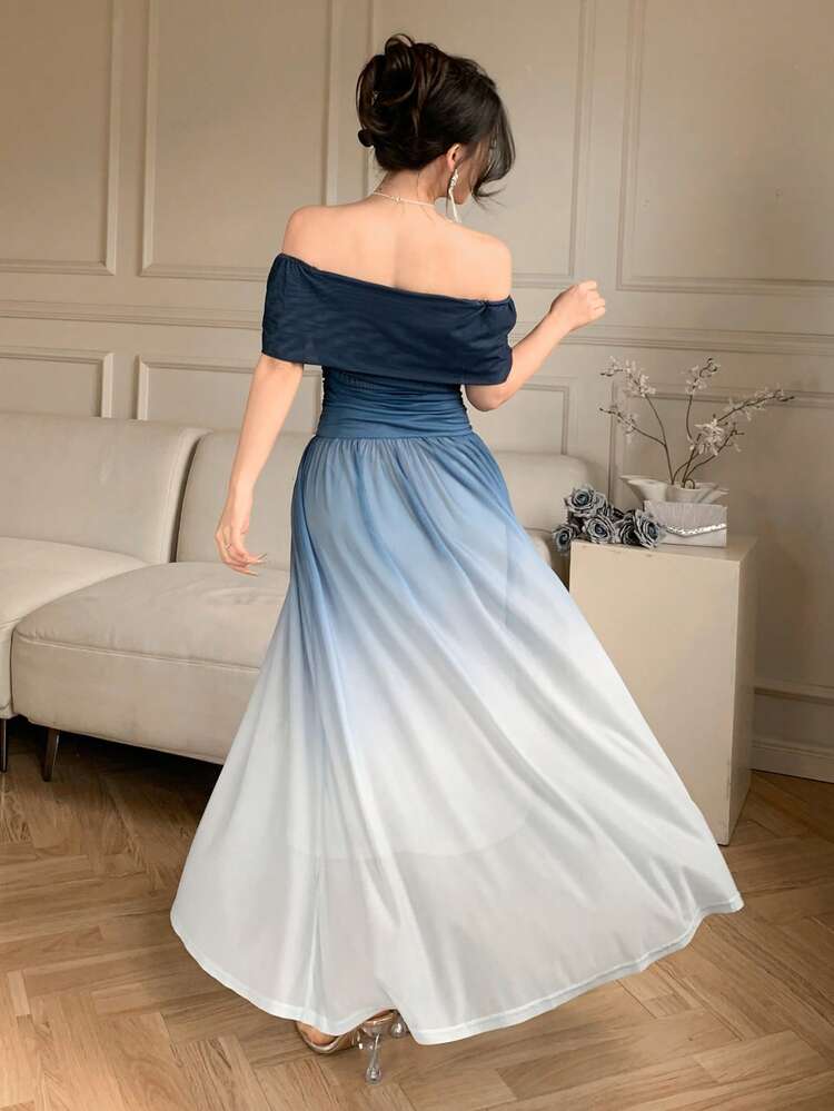 Women's Elegant Ombre Off-Shoulder Midi Dress, Summer Wedding Guest Dress Sundress