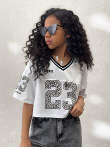 Coolane Kids Tween Girls Summer/Spring, Streetwear Sparkly Breathable Mesh Number Pattern White V-Neck Short Jersey Tees,Back To School ,Y2K,Jersey T-Shirt - White - View 3