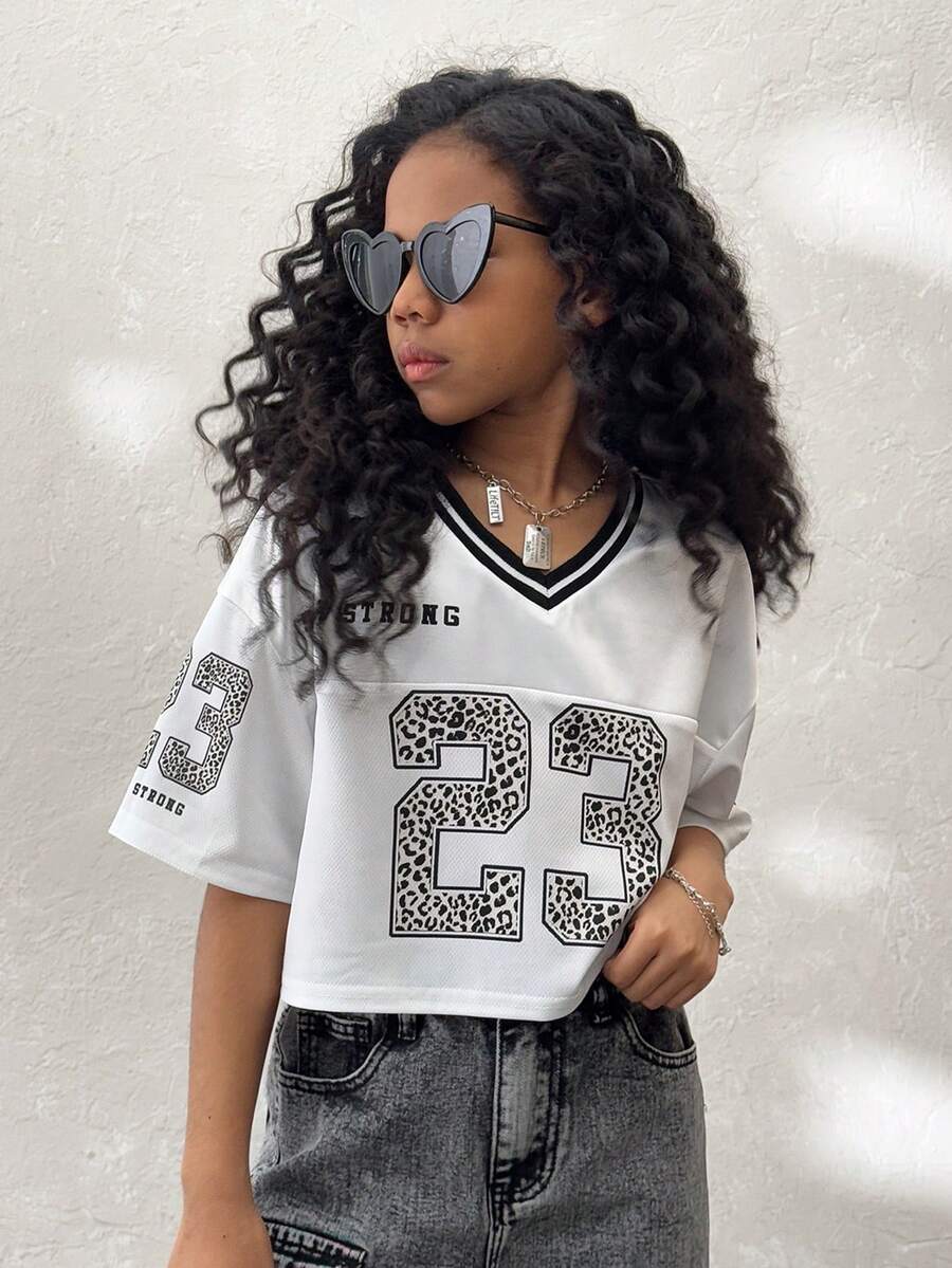 Coolane Kids 少女春夏街头风闪亮透气网眼数字图案白色V领短款针织T恤，返校季，Y2K风格，针织T恤 - 白色 - 查看 1