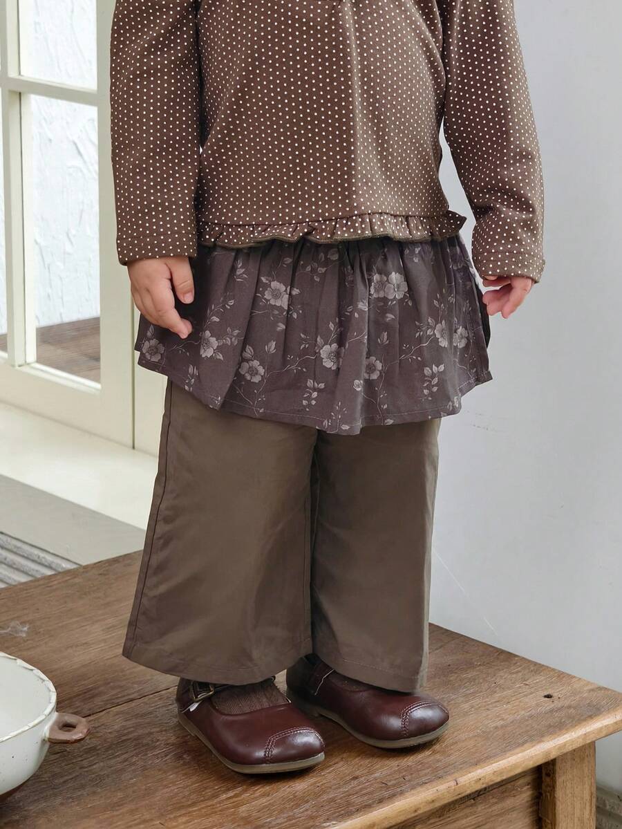 Dazy Kids Baby Girl Casual Loose 2 In 1 Floral Print Straight Leg Pants - Coffee Brown - View 1