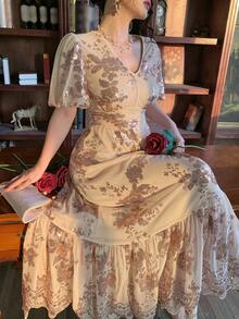 DAZY 女士优雅花卉亮片V领泡泡袖荷叶边下摆连衣裙，夏季婚礼宾客礼服/吊带裙 - 粉色 - 查看 6