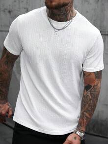 Manfinity CasualCool 男士纯色纹理圆领休闲百搭短袖T恤 - 白色 - 查看 5