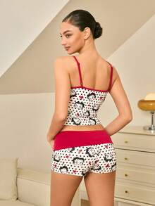 Betty Boop x SHEIN Women's Polka Dot & Cartoon Figure Graphic Camisole Top And Shorts Pajama Set, Summer - White - View 2