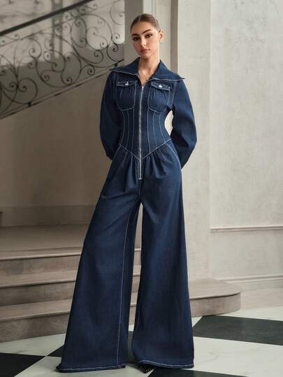 Selenza Women's Long Sleeve Zipper Front Pocket Design Wide Leg Fashion Denim Jumpsuit