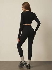 With My Calm With My Calm Women's Solid Color Round Neck Hollow Long Sleeve Top And Tight Leggings Casual Sportswear Set, For Daily Workout - Black - View 2