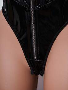 AltCore Fashionable Pioneer Zipper Colorful Leather Contrast Mesh Sexy Jumpsuit - Black - View 8