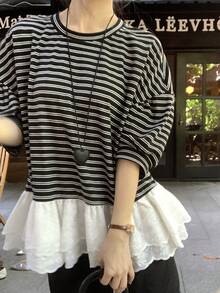 DAZY Women's Round Neck Striped Casual Summer Korean Style Contrast Color Ruffle Trim T-Shirt - Black - View 7