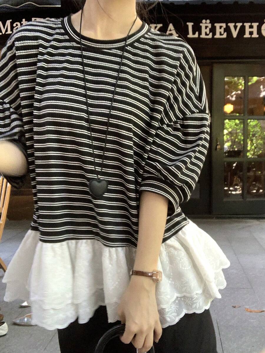 DAZY 女士圆领条纹休闲夏季韩版撞色荷叶边T恤 - 黑色 - 查看 1