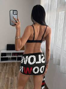 StreetHx 女士黑色做旧印花朋克摇滚休闲运动不对称下摆紧身迷你裙，春夏款 - 黑色 - 查看 8