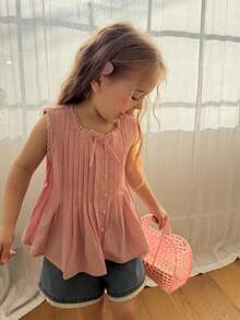Dazy Kids Áo kiểu Hàn Quốc xếp ly bèo nhún không tay thắt nơ cho bé gái - Hồng - Xem 10