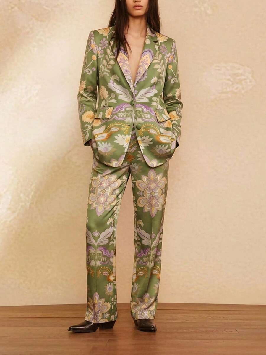 SHEIN X LOS FAVORITOS DE ANA GONZALEZ Maija 女士数码印花绿色单排扣西装外套，休闲度假装，适合圣帕特里克节、复活节、春假、音乐节等场合，秋冬季复古风尚之选。 - 綠色 - 查看 1