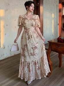 DAZY 女士优雅花卉亮片V领泡泡袖荷叶边下摆连衣裙，夏季婚礼宾客礼服/吊带裙 - 粉色 - 查看 5