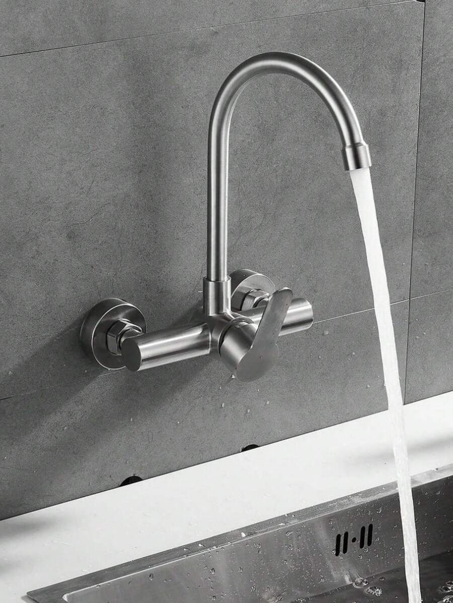 A Handle-Equipped 5.9-Inch Central Commercial Kitchen Faucet, Wall-Mounted Kitchen Faucet, Featuring A Stainless Steel Brushed Nickel Finish. Suitable For Commercial Kitchen Sinks.