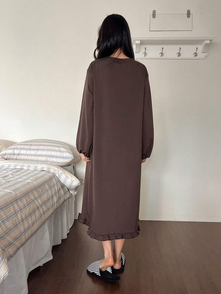 Contrast Color Ruffle Trim Lantern Sleeve Midi Nightgown For Women