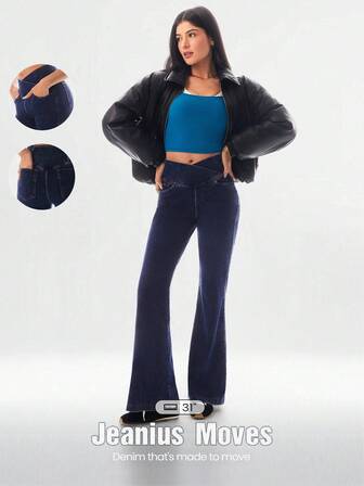 GLOWMODE Jeanius Moves Pantaloni jeggings casual quotidiani con vita incrociata, gamba a zampa, tasche, in denim elastico e traspirante, che solleva il lato B, adatti per l'autunno e l'inverno