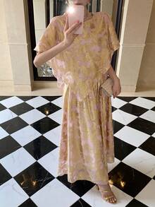 DAZY 女士优雅箔印不对称下摆上衣和半裙两件套，夏季 - 金色 - 查看 1