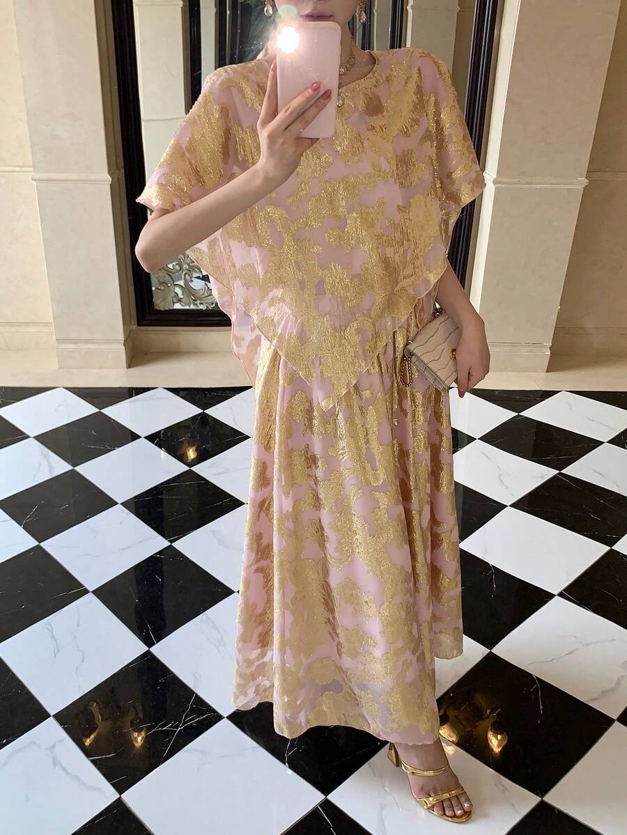 DAZY 女士优雅箔印不对称下摆上衣和半裙两件套，夏季 - 金色 - 查看 1