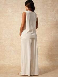 Boho Mama 两件套孕妇夏季休闲度假纯色背心和裤子套装 - 杏色 - 查看 2