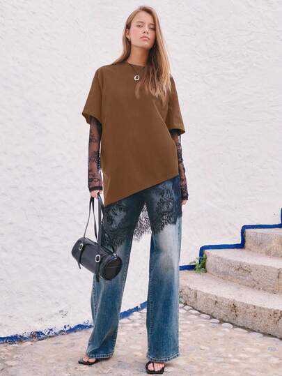 Nöista Layered Lace Sleeves And Hem 2 In 1 Top, Ideal For Spring Breaks Or Birthdays For Women Gatherings. Combining A Relaxed Fit With Elegant Lace Details, Transitions Easily From Daywear To An Evening Or New-Year.