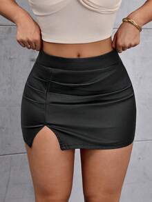 Flirla Women's Elastic Fitted Elegant Black Coated Pencil Skirt - Black - View 3