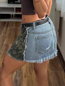 SHEIN Women's Camouflage Print Wrap Fringe Hem Fashionable Denim Mini Skirt Jean Skirt Y2k Grunge Clothes Army Skirt Skirt Shorts - Multicolor - View 2