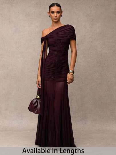 SHEIN Tall CURVE Đầm tay ngắn cổ lệch bất đối xứng, màu trơn, cỡ lớn