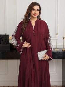 Al Najma 休闲宽松V领串珠装饰长袖连衣裙，适合大码女性，春秋季 - 紅色 - 查看 1