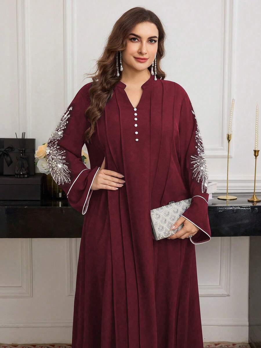 Al Najma 休闲宽松V领串珠装饰长袖连衣裙，适合大码女性，春秋季 - 紅色 - 查看 1