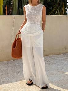 DAZY 两件套女士蕾丝透视圆领上衣和阔腿裤，带垂褶斜插口袋 - 白色 - 查看 4