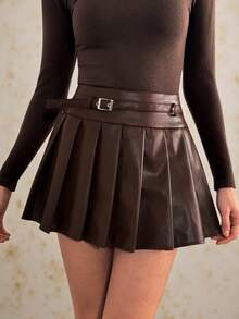 SHEIN Tall Women's Autumn And Winter Chocolate Brown Solid Buckle Design Pleated PU Leather Skirt,Leather Pleated Skirt, Skater Skirt,Fall Outfits Women,Winter Clothes For Women,Halloween Clothes , Business Casual Woman,Old Money Style Women Dark Brown Mini Skirt Brown Pleated Skirt Brown Two Piece Set Women Brown Leather Skirt Brown Long Sleeve Top Brown Boots Dark Brown Two Piece Set Chocolate Brown Mini Skirt