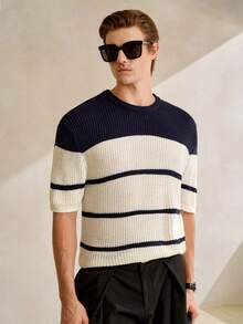 Claim Dot 男士短袖针织圆领T恤 – 藏青色和白色 – 撞色条纹图案 – 舒适面料 – 时尚设计，适合日常休闲穿着和周末外出。男士钩针上衣 男士休闲条纹T恤 男士针织T恤 男士夏季针织衫 男士条纹短袖针织衫 男士针织上衣 - 彩色 - 查看 8