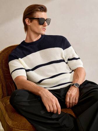 Manfinity CityGents Men's Short - Sleeve Knitted Crew Neck T - Shirt – Navy Blue And White Color - Blocked Striped Pattern – Comfortable Fabric – Stylish Design For Daily Casual Wear & Weekend Outings Crochet Tops For Men