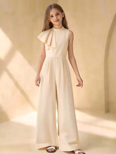 SHEIN 女童休闲通勤雪纺面料立领无袖拉链拼接直筒连体裤，优雅百搭，适合日常穿着、外出、派对等场合。